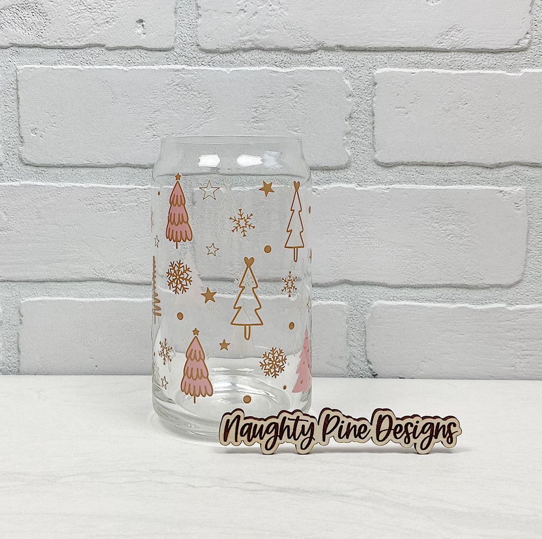 Pink & Gold Trees | Beer Can Glass | Libbey Glass | Iced Coffee | 16oz