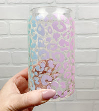 Load image into Gallery viewer, Rainbow Leopard Print | Beer Can Glass | Libbey Glass | Iced Coffee | 16oz
