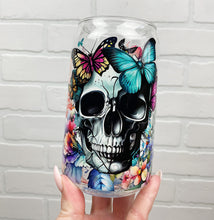 Load image into Gallery viewer, Skull &amp; Flowers | Beer Can Glass | Libbey Glass | Iced Coffee | 16oz

