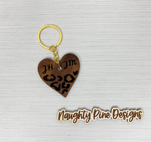 Load image into Gallery viewer, Personalized Leopard Print Heart | Keychain | Wooden Keychain | Custom
