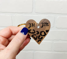 Load image into Gallery viewer, Personalized Leopard Print Heart | Keychain | Wooden Keychain | Custom
